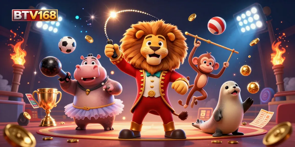BTV168 showcases an exciting scene with a dynamic ringmaster lion, colorful characters, and vibrant sports elements.