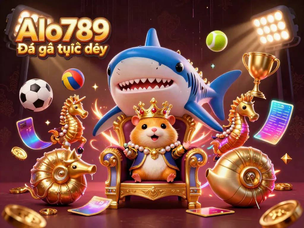Alo789 Đá gà trực tiếp illustrated scene with a fierce hamster king, seahorse guards, and dynamic sports elements.
