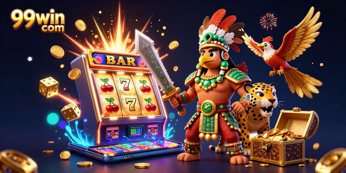 Experience the excitement of 99win com with a vibrant jackpot scene, featuring dynamic slot machines and warriors.