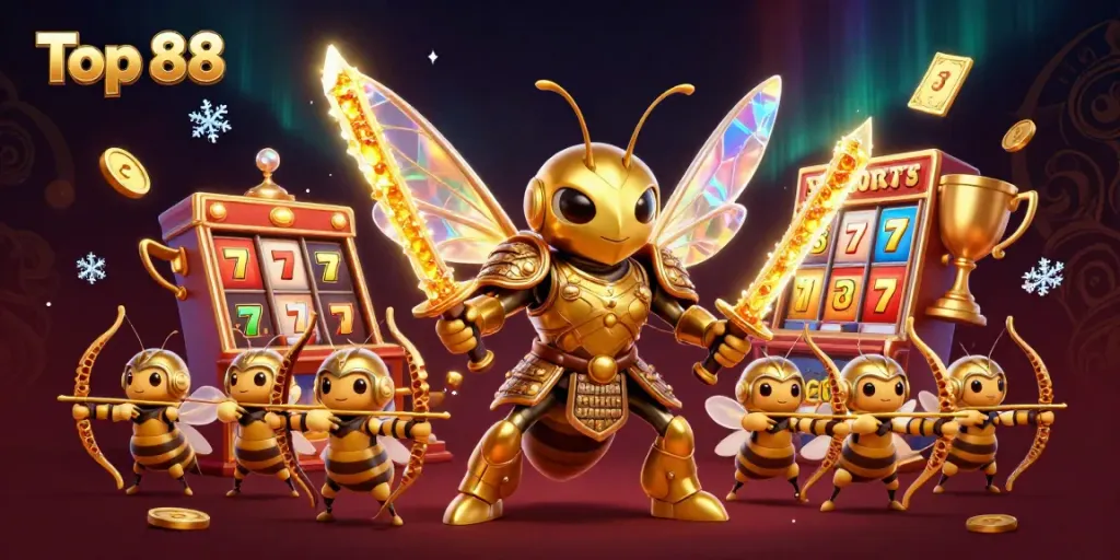 Engage with Top 88's vibrant 3D samurai hornet and bee archers amid dazzling slot reels.