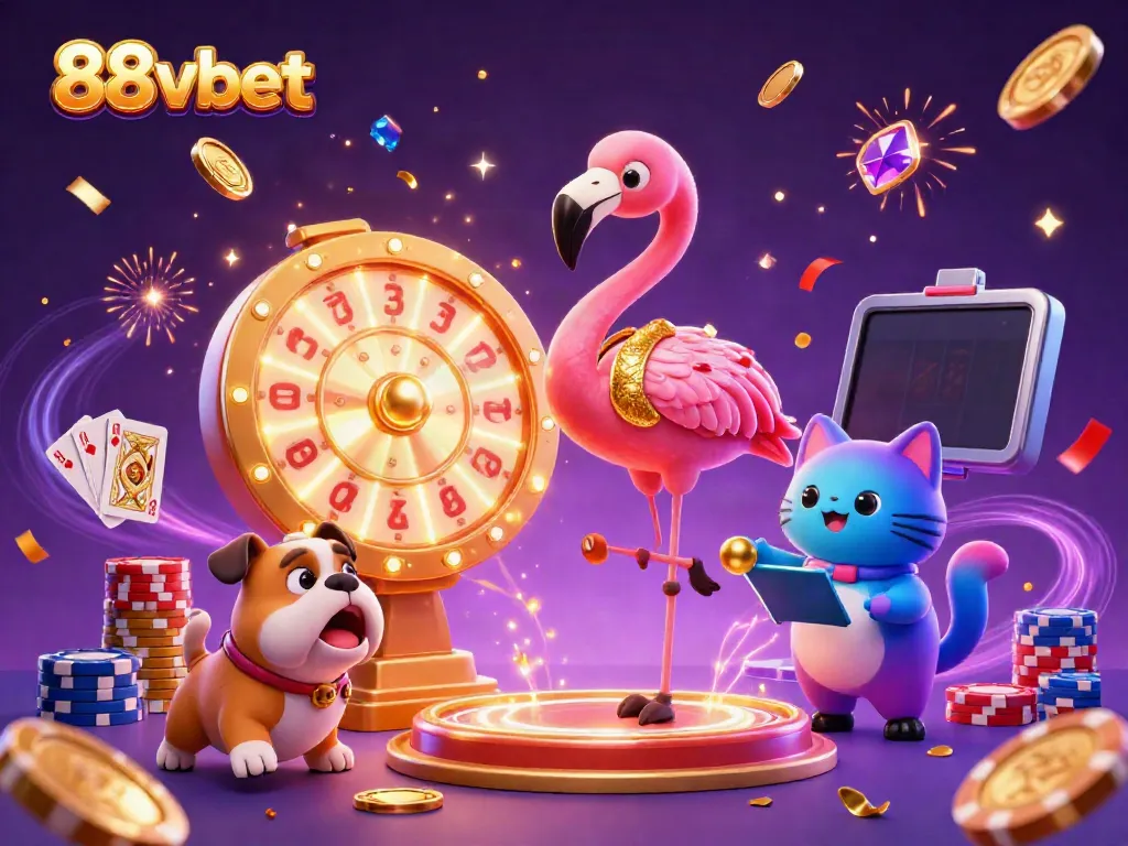 Experience excitement with 88vbet's immersive gaming scene featuring animated characters and dazzling casino elements.