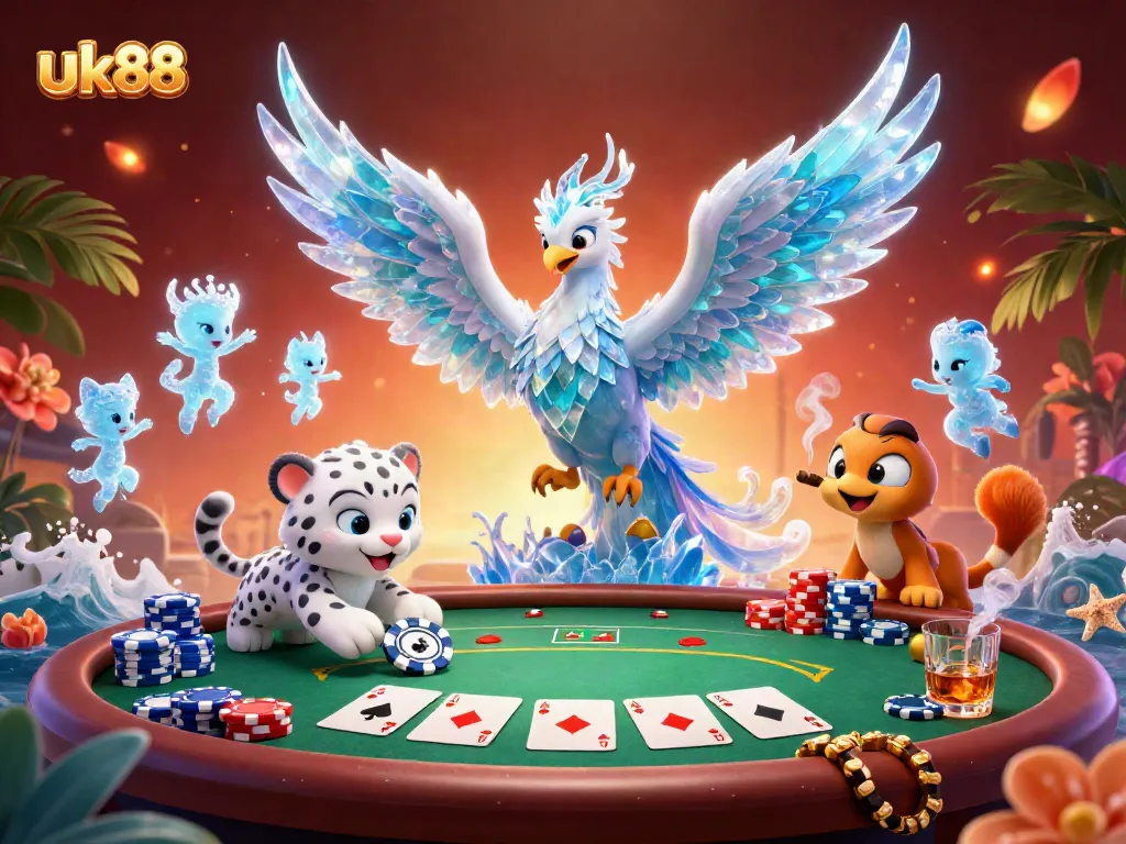 Experience thrilling poker action at uk88 with a colorful 3D scene featuring gaming elements and captivating characters.