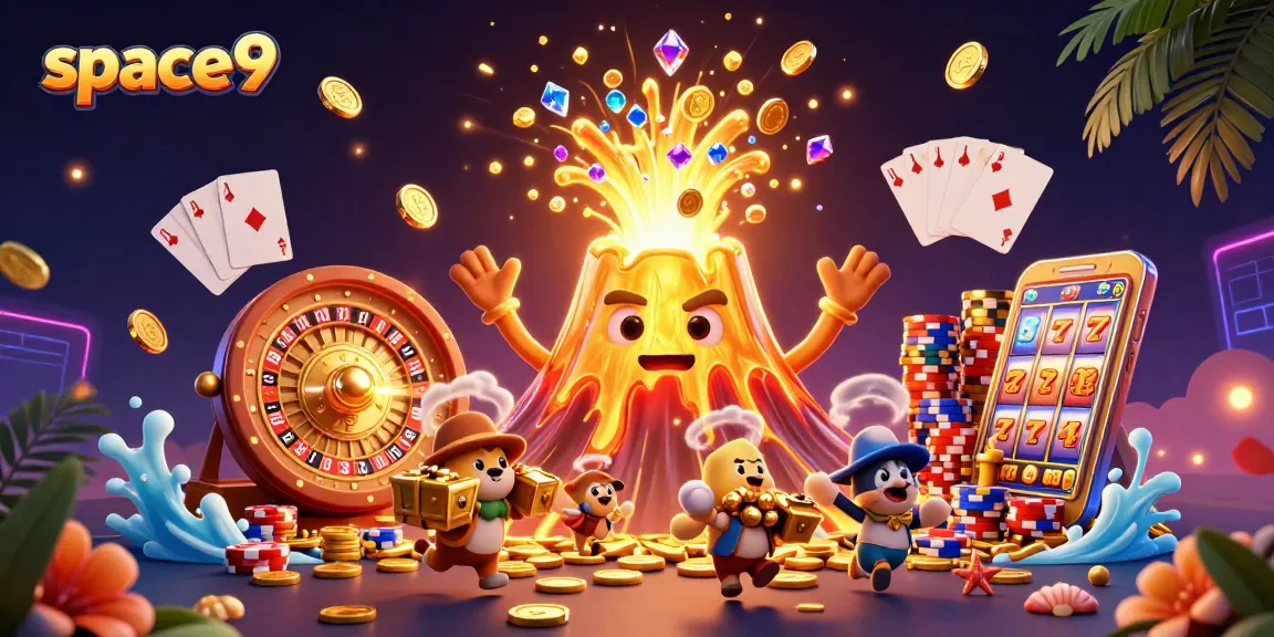 Experience thrilling wins with space9, featuring a golden volcano erupting treasures and vibrant casino elements.