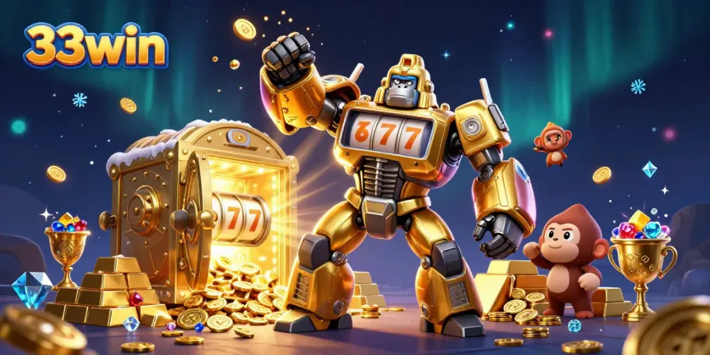Experience thrilling action at 33win with a golden gorilla mech amidst dynamic treasures.