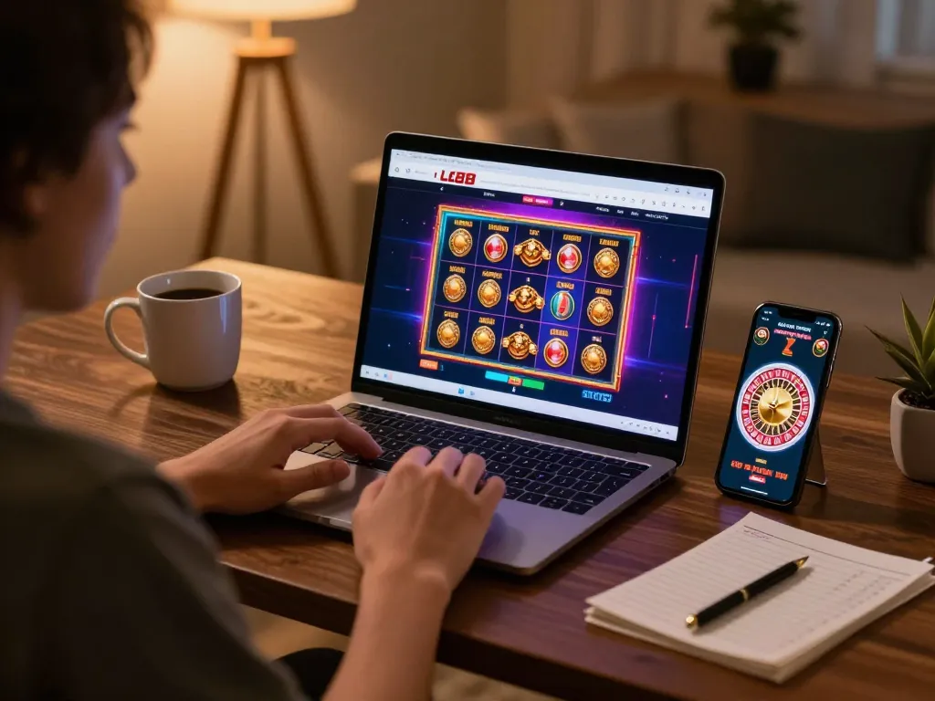 Player engaging in online betting at LC88 on a laptop with vibrant game graphics.