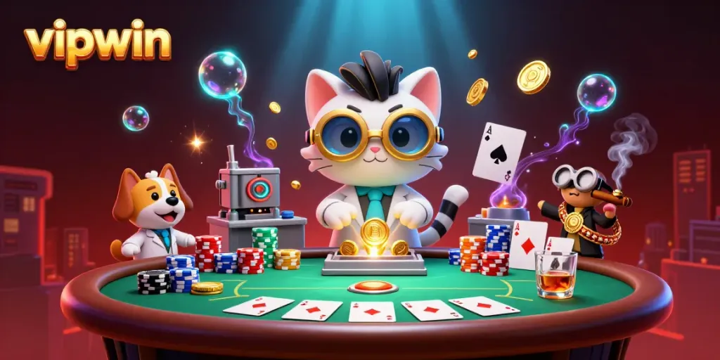 Experience thrilling games at vipwin with a dynamic scene of a cartoon mad scientist cat creating money.