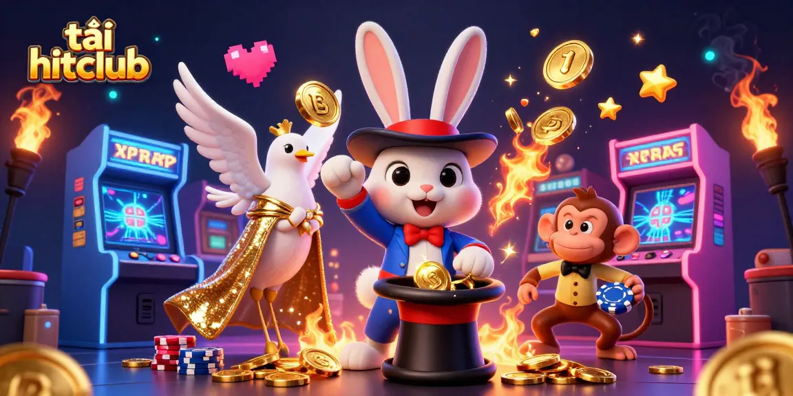 Play exciting games with tải hitclub in this vibrant 3D casino scene featuring animated characters.
