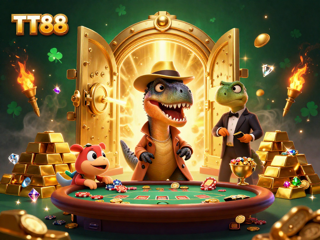 TT88's velociraptor card counter plays blackjack as a stegosaurus pit boss supervises in a lively casino scene.
