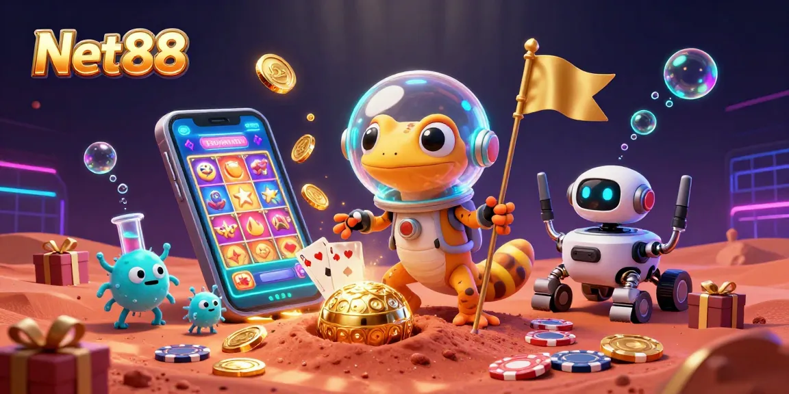 Experience the thrill of Net88 with a Martian gecko discovering a golden casino amid vibrant gaming elements.