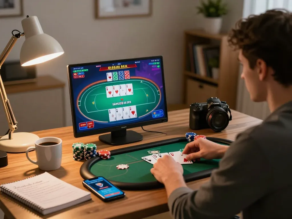 Engaging poker gameplay on a tablet in a cozy home setting, showcasing 78WIN strategy and tactics.