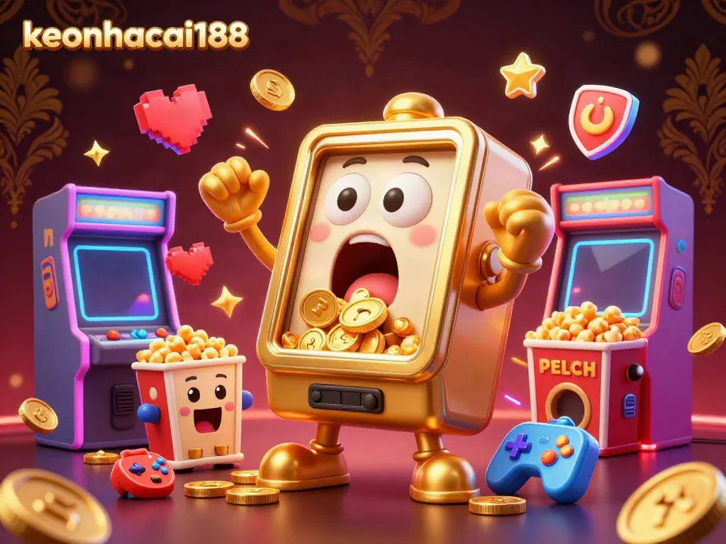 Celebrate wins with the vibrant 3D casino illustration of keonhacai188 showcasing a playful slot machine hitting a jackpot.