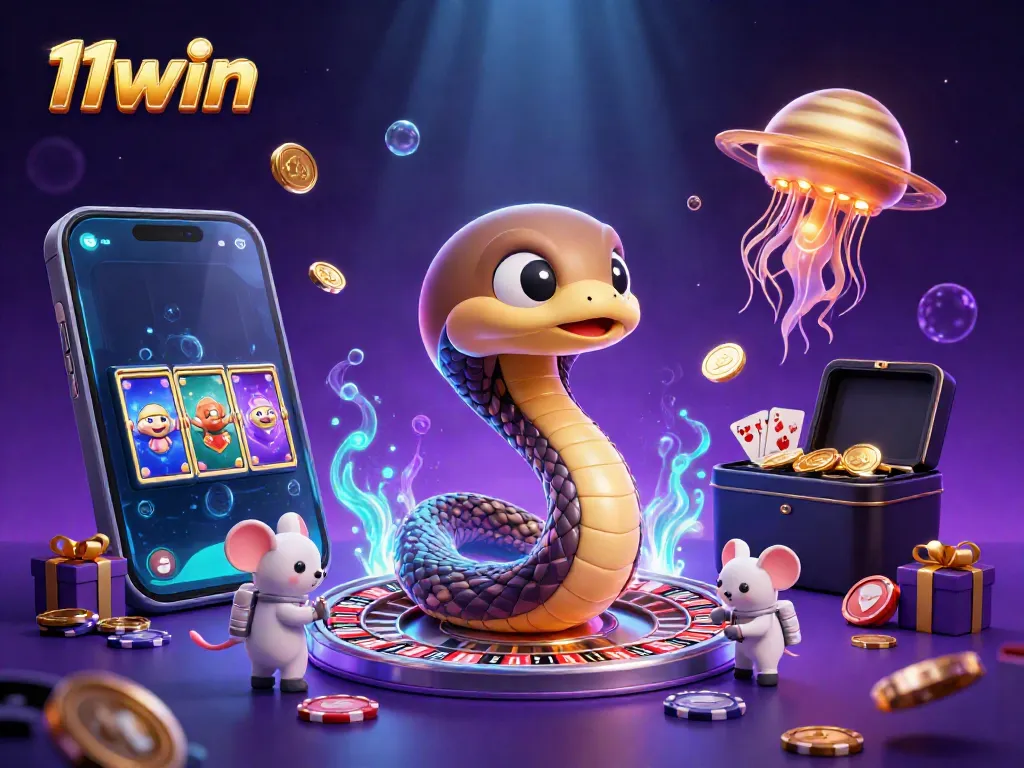 Experience the dynamic gaming world of 11win with a thrilling cosmic casino scene featuring playful characters and vibrant game elements.