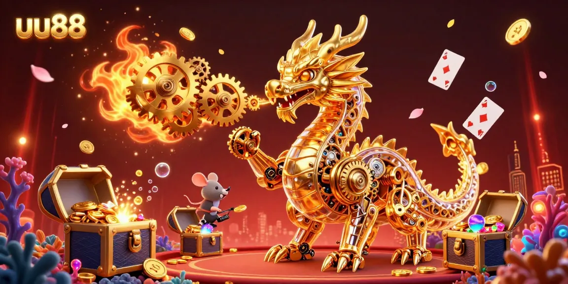 Engage in thrilling games at uu88 casino with a vibrant 3D scene showcasing a dragon and treasure elements.