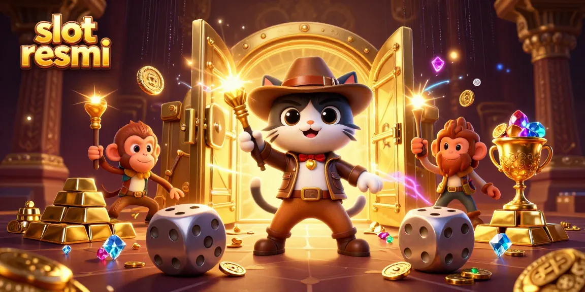 Experience exciting wins at slot resmi with vibrant gaming elements and thrilling characters in a treasure-filled scene.