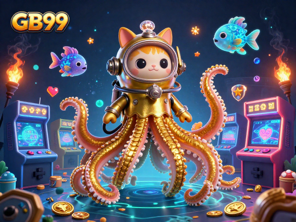 Experience thrilling gaming with GB99 as a colossal kraken and diving cat entertain in a vibrant underwater scene.
