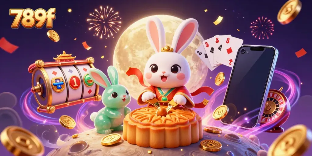 Experience thrilling gaming with 789f featuring a lively moon rabbit illustration and casino elements.