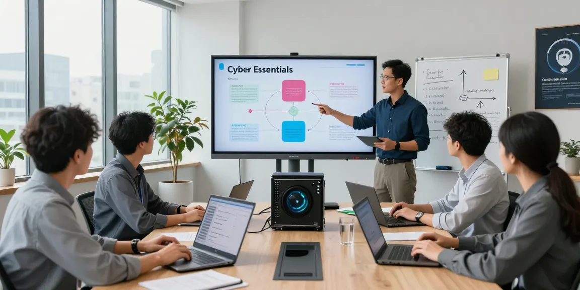 Cyber essentials certification professional team discussing strategies in a modern workspace.