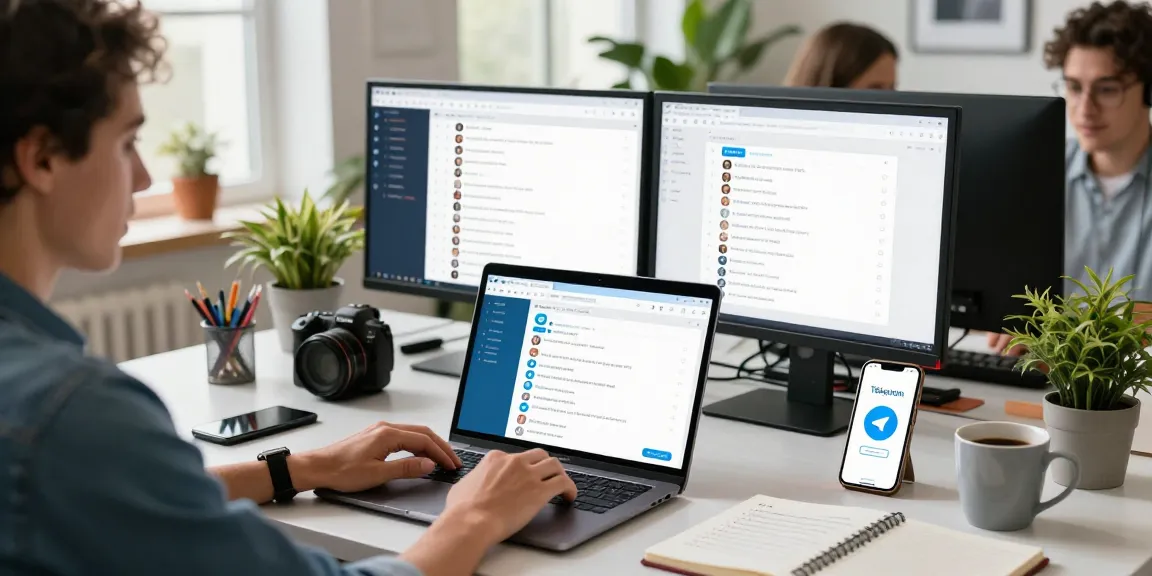 Using Telegram Web Version on a laptop in a modern office setting