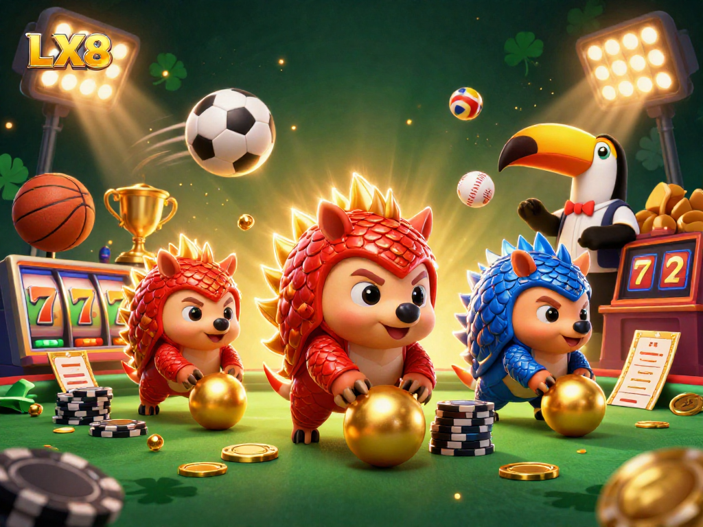 Engaging LX88 illustration featuring rival pangolins in a vibrant casino setting, emphasizing action-packed gaming.
