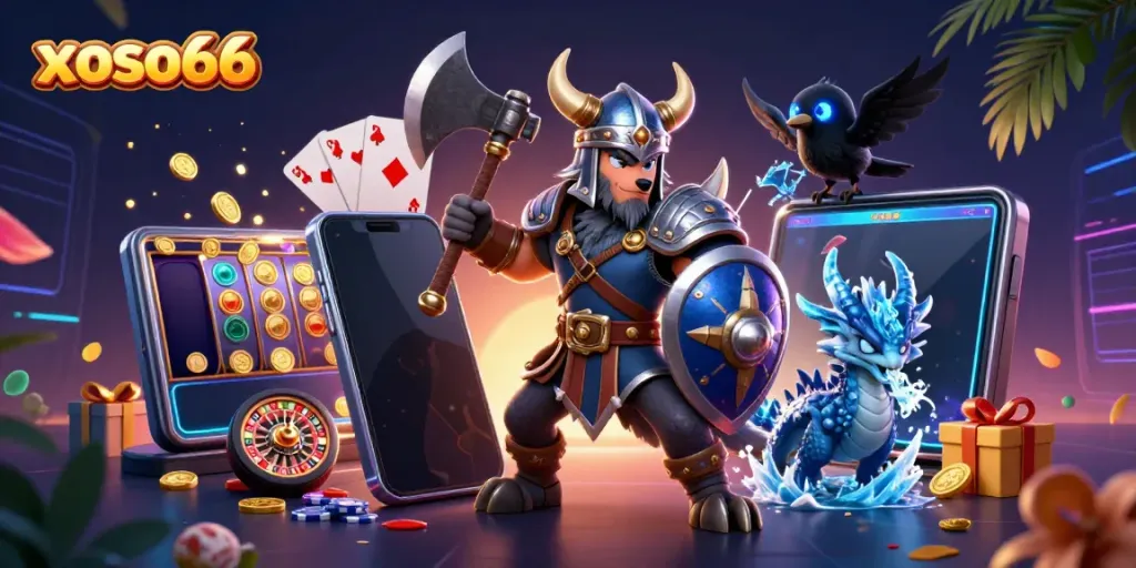 Play exciting games at xoso66 with a Viking warrior and a dragon among rich casino elements.