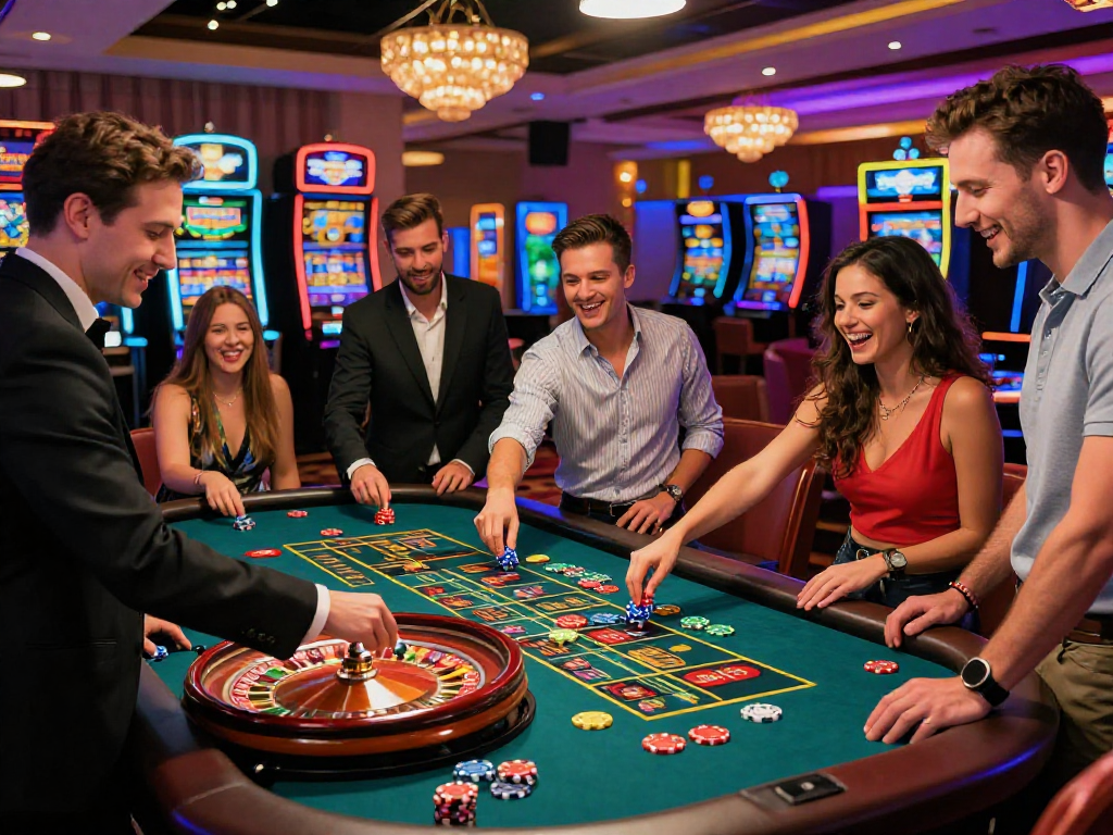 Un gruppo di amici entusiasti gioca a roulette in un casinò non AAMS, creando momenti di gioia e festa.