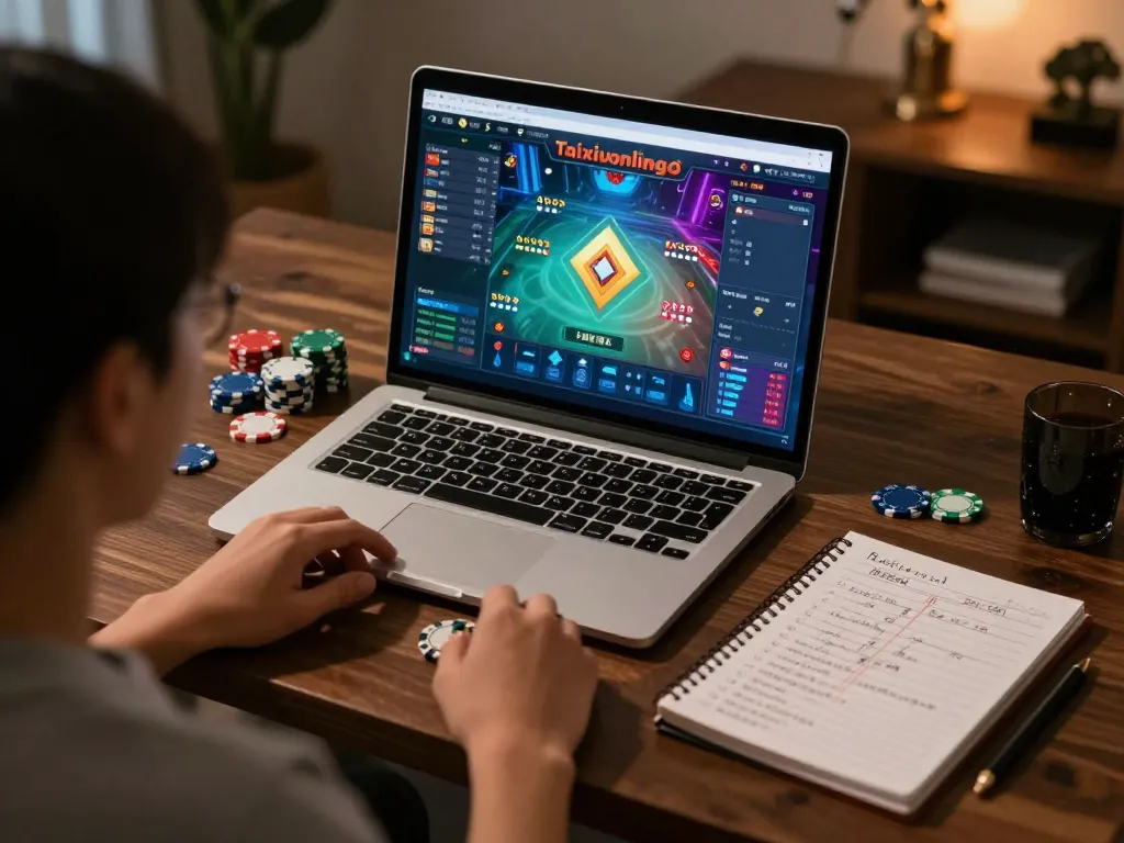 Person engaging with taixiuonlinego gaming app on laptop in a cozy home office setup.