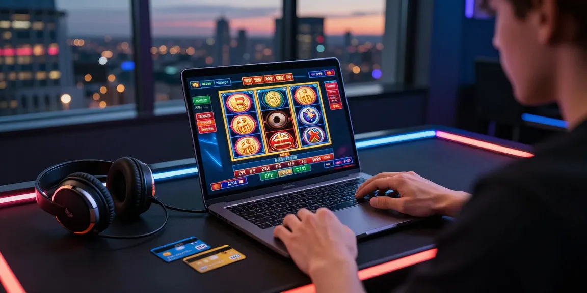 Engaged player exploring credit card casinos UK at a stylish desk with vibrant gaming interface and credit cards.