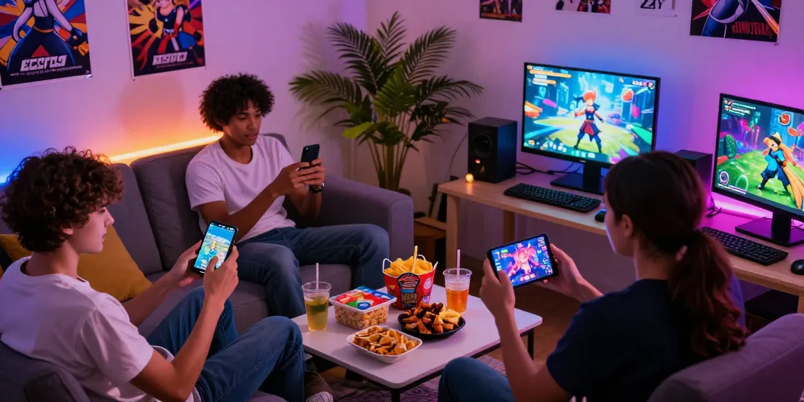 Players enjoying a hentai game night, with devices showing vibrant graphics and cozy ambiance.