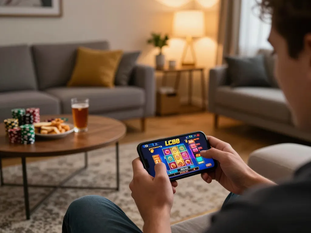 Player enjoying mobile gaming on smartphone with LC88 casino interface in cozy setting