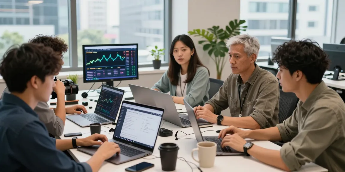 LibertySwap Finance team discussing crypto strategies in a modern workspace.