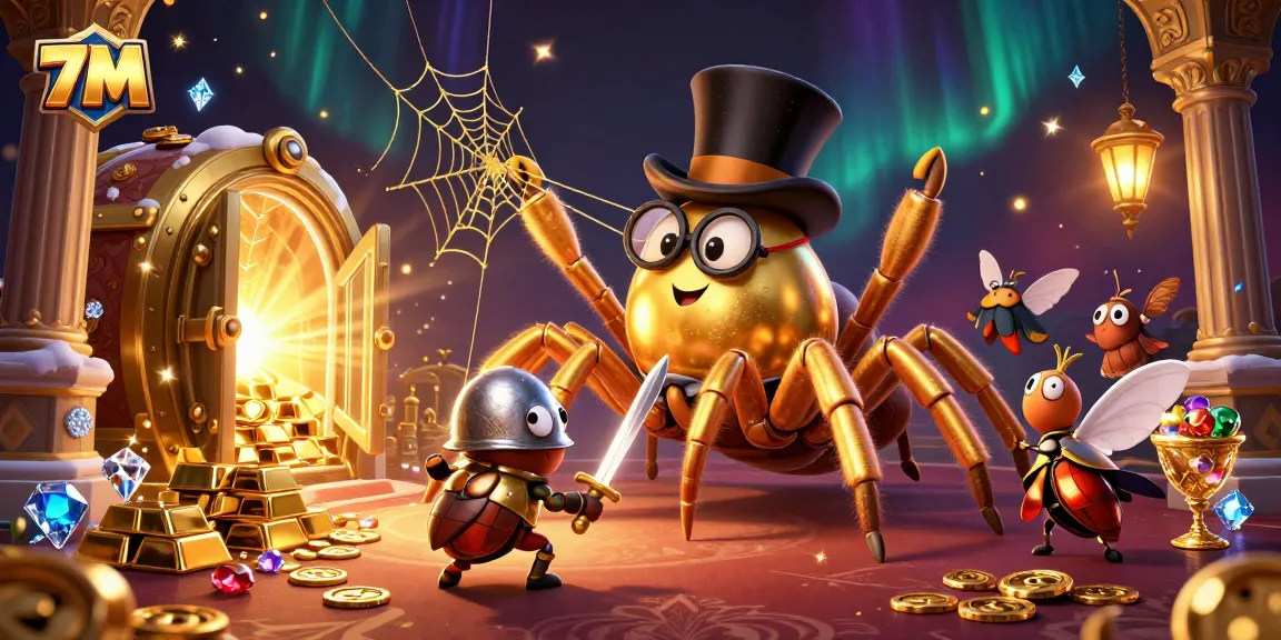 Engage in thrilling gameplay at 7M's lavish casino with golden treasures and vibrant characters.
