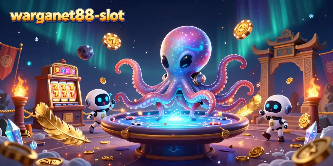 Engage with thrilling gameplay at warganet88-slot as alien octopus operates a poker table.