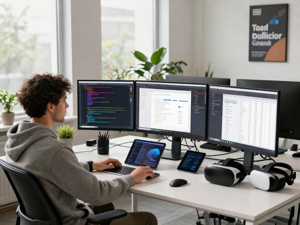 Dynamic software development scene at debet com with an engineer coding in a modern office.