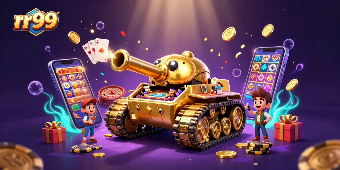 Experience the excitement of rr99 as golden coins and slot games burst from a cartoon tank casino.