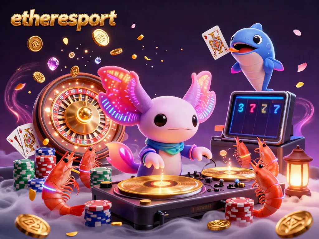 Experience the excitement of etheresport with a neon axolotl DJ in a vibrant casino scene.