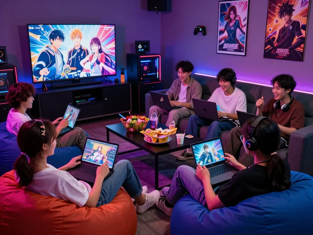 Friends playing xxx games in a vibrant gaming lounge, surrounded by devices and snacks.