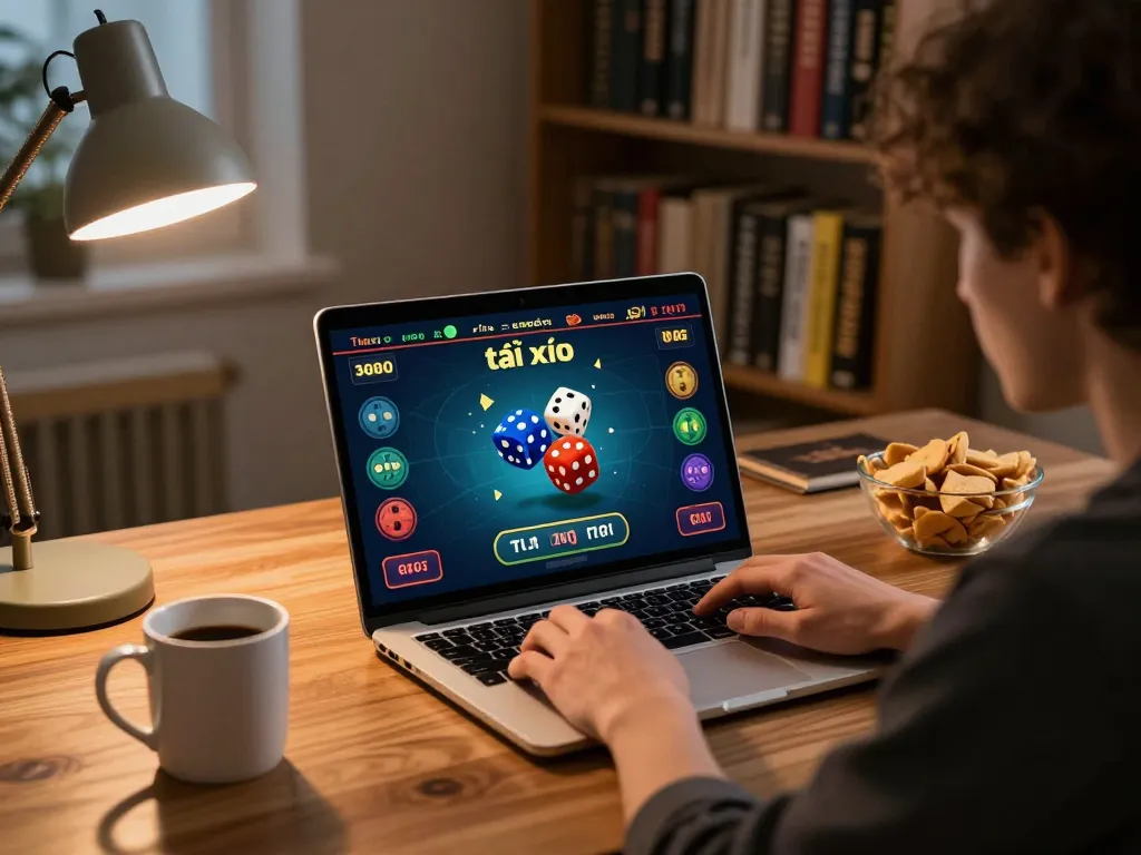 Tài xỉu player engaging in a live online game on their laptop, showcasing dynamic betting interface.