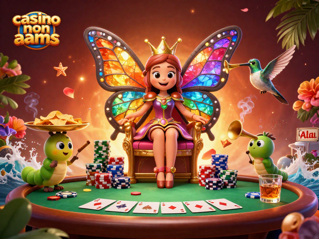 Gioca nel casino non aams con la regina farfalla e un tavolo da poker avvolto da colori vivaci.