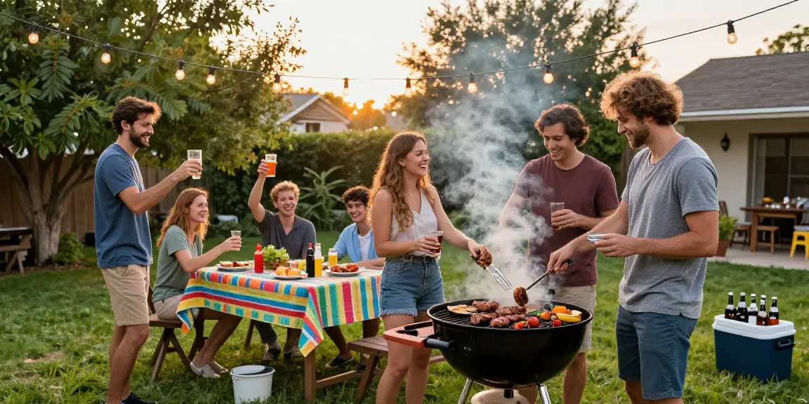 Pesta BBQ di taman dengan teman-teman menikmati hidangan BOS88 yang lezat dan suasana hangat.