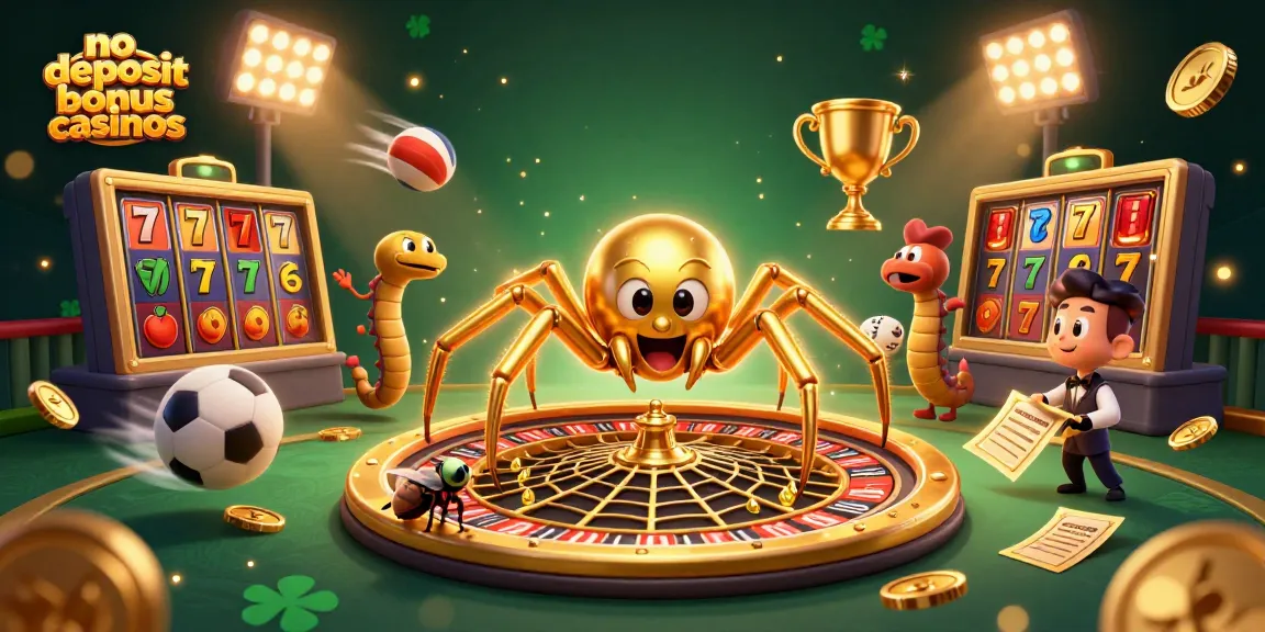 No deposit bonus casinos illustrated with a spider, croupier, and flying sports elements, enhancing the gambling experience.