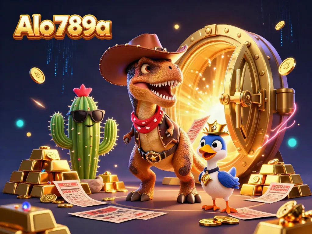 Alo 789a showcases exciting cockfighting action with a dynamic dinosaur and companions, surrounded by treasures.