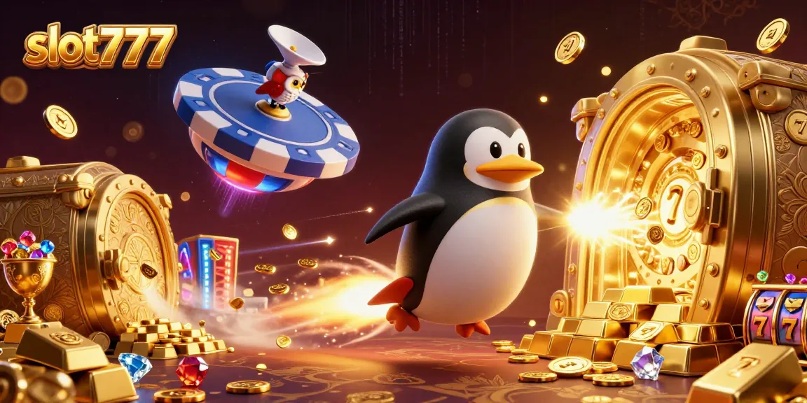 Experience thrilling wins at slot777 with this vibrant casino-themed illustration featuring golden treasures and jackpot symbols.