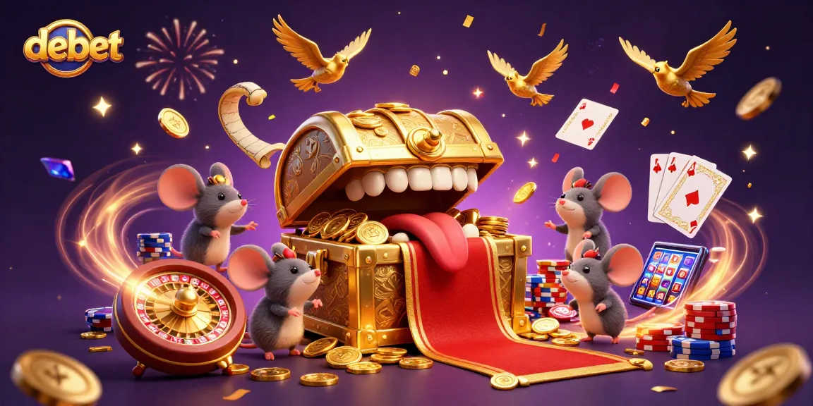Engage with debet's thrilling treasures in a bustling casino scene full of vibrant actions.