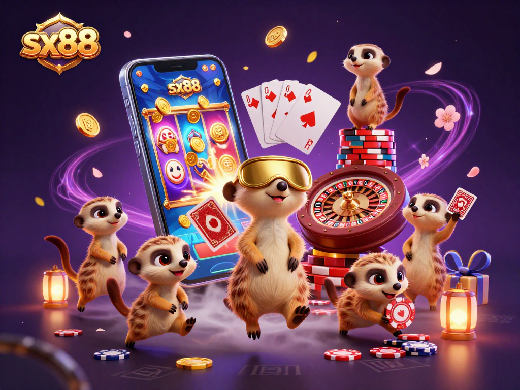 sx88 meerkats manage a vibrant casino scene with dynamic gaming elements and colorful slots