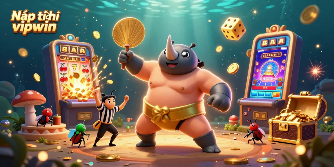 Nạp tiền vipwin with a dramatic 3D scene of a rhinoceros beetle sumo champion amidst flying coins and jackpot excitement.