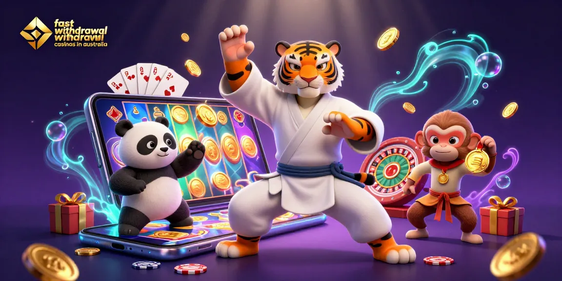 Experience fast withdrawal casinos in Australia with cartoon characters enjoying dynamic gambling action.