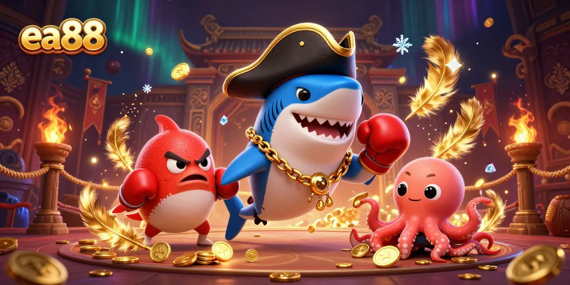 ea88 pirate shark celebrates jackpot wins with an octopus and pufferfish in a vibrant casino scene
