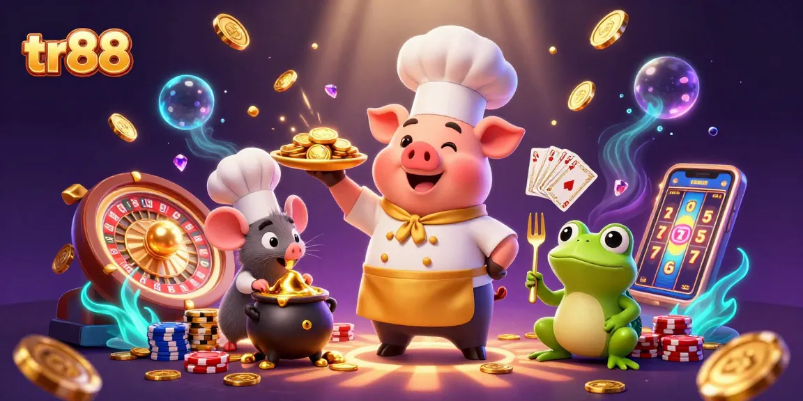 Immerse in tr88's vibrant casino scene with golden coins, a chef pig, and dynamic game elements.