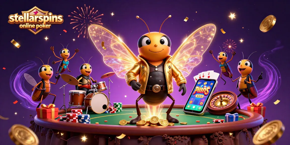 Experience stellarspins online poker with dynamic characters and vibrant game elements in a festive scene.