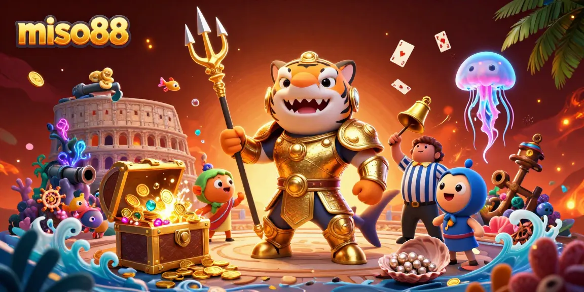 Experience the thrill of miso88 with a vibrant underwater casino scene, featuring an armored shark and stunning treasures.